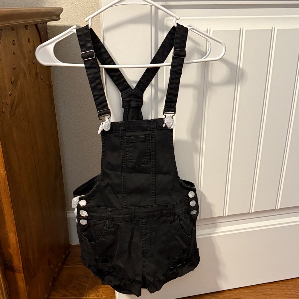 Black Denim Overalls with Button Details